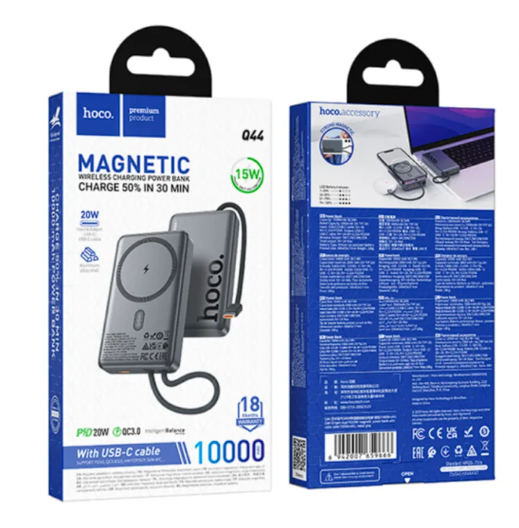 HOCO Q44 | Power Bank Magnétique PD20W avec Câble Noir – 10 000 mAh