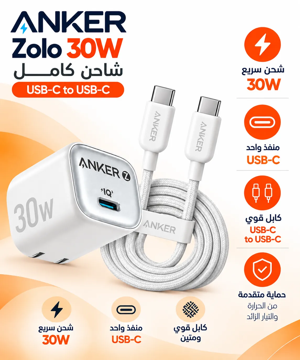 Anker charger 30w et cable type c type c