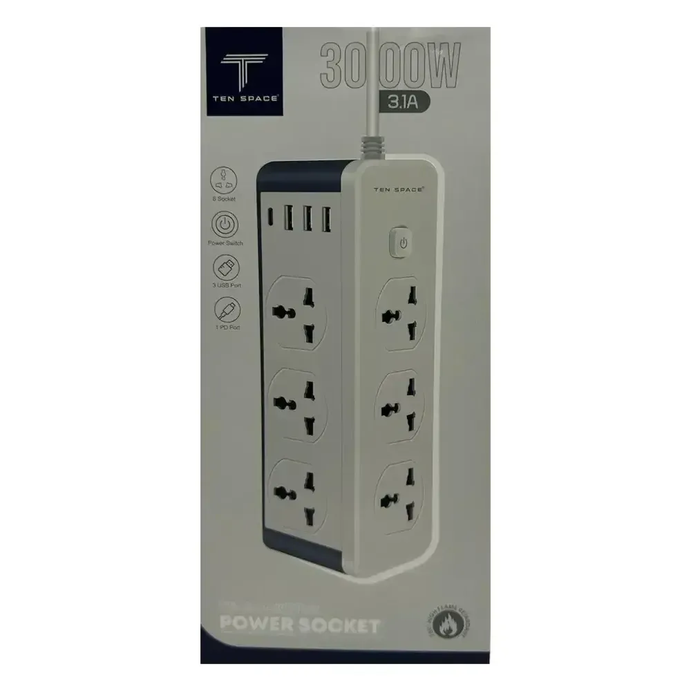 MULTIPRISE AVEC 8 PRISES, ALIMENTATION 3000W + 3 PORTS USB 3.0 ET UN PORT TYPE C – (TS-SOCKET02)